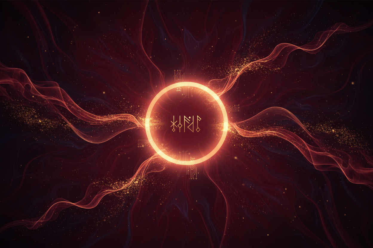 A deep crimson abstract banner with subtle cosmic textures, golden particle dust, and fluid ink waves. A contemplative center glow for text, symbolizing insight and the merging of ancient wisdom with modern creativity. Elegant, mysterious, philosophical, high-resolution, 16:9.
